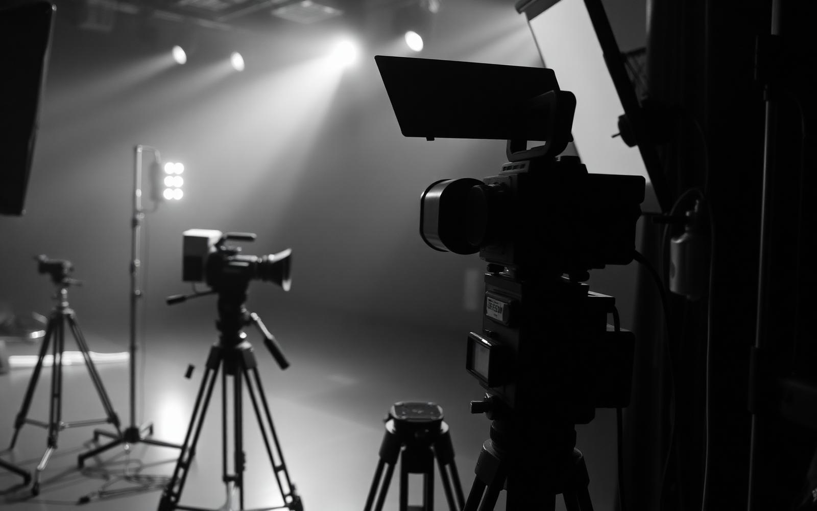 Empty film set with cameras, lighting, and stage equipment